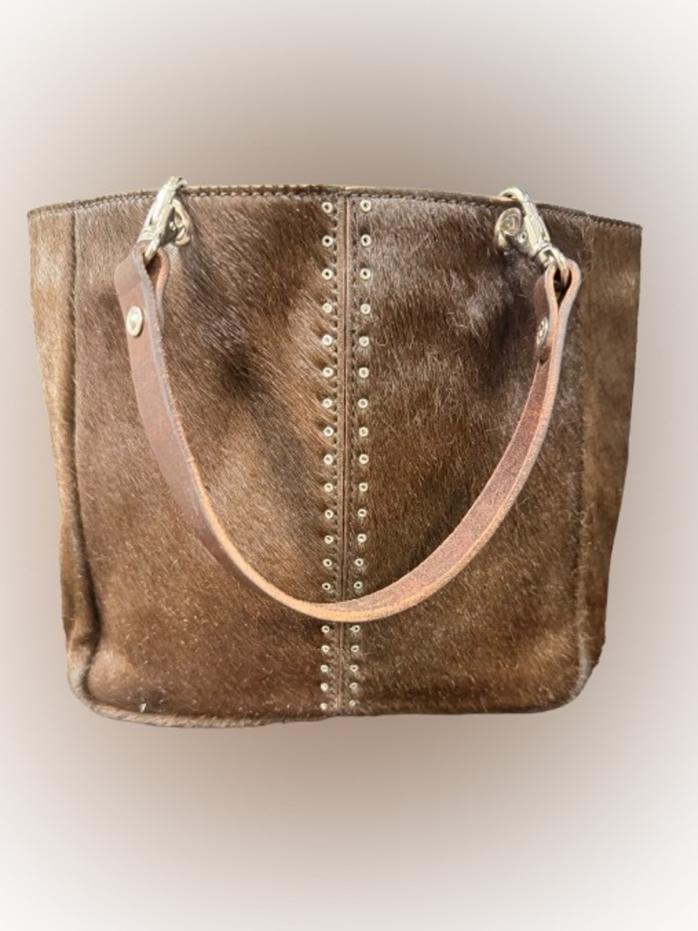Frank Daniel Hair On Hide Leather Tote Bag Brown Studded Italian Handmade 8x8